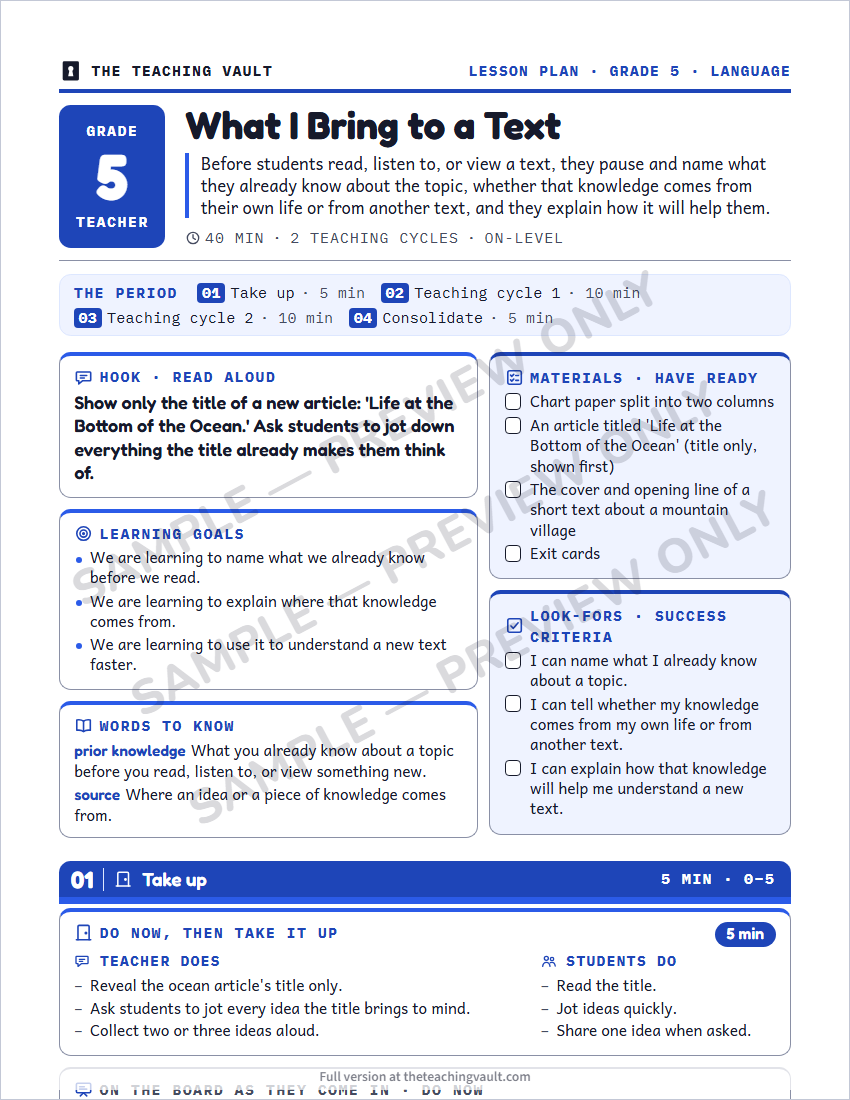 Sample lesson plan page
