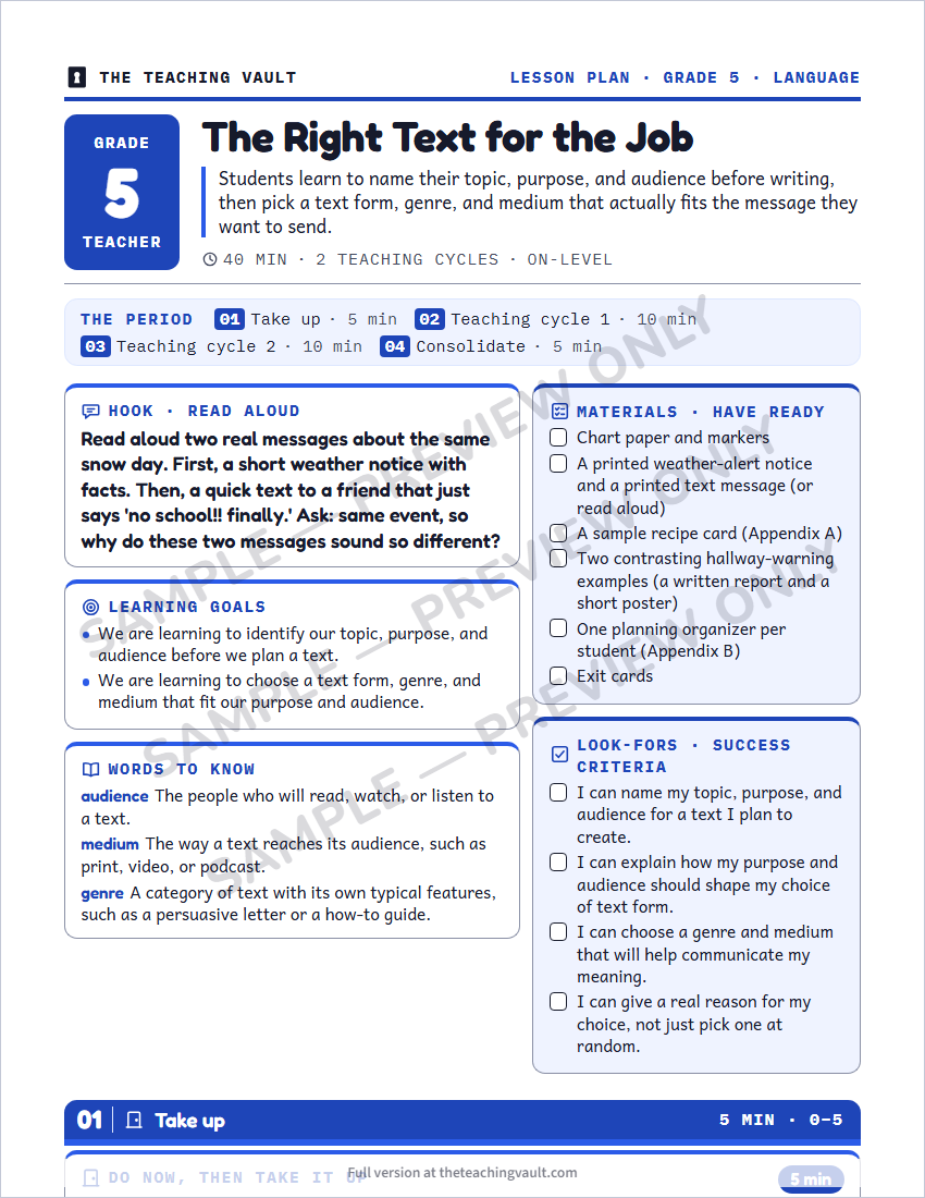 Sample lesson plan page