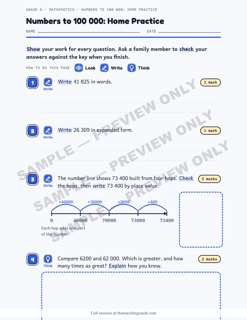 Sample preview: homework page (watermarked, low-resolution) — Grade 5 Mathematics, All Units