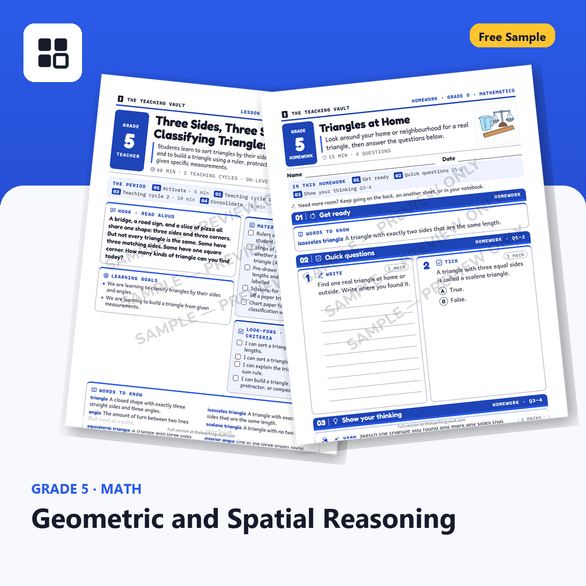 Grade 5 Geometric and Spatial Reasoning Free Sample cover