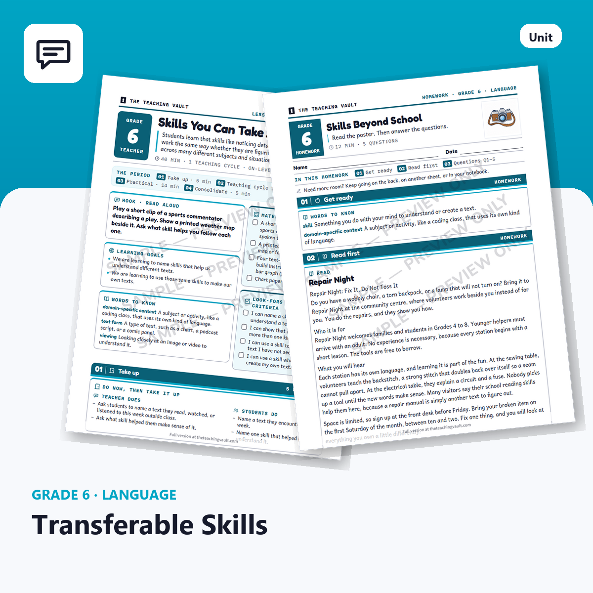 Grade 6 Transferable Skills — Full Unit (Unit 1 of 12) cover
