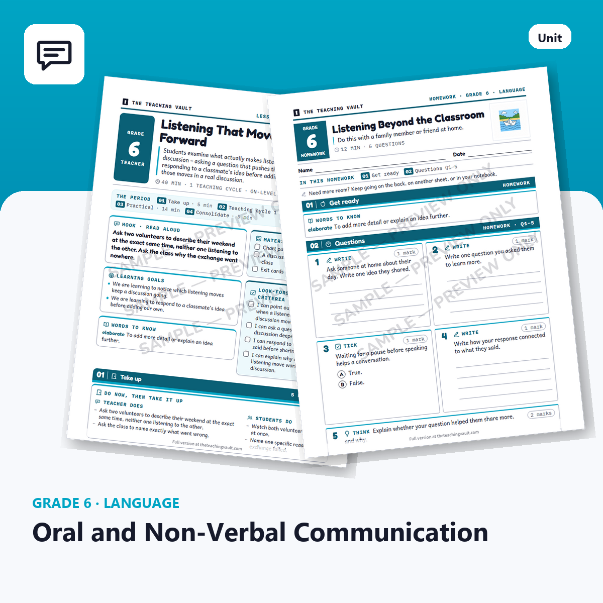 Grade 6 Oral and Non-Verbal Communication — Full Unit (Unit 4 of 12) cover