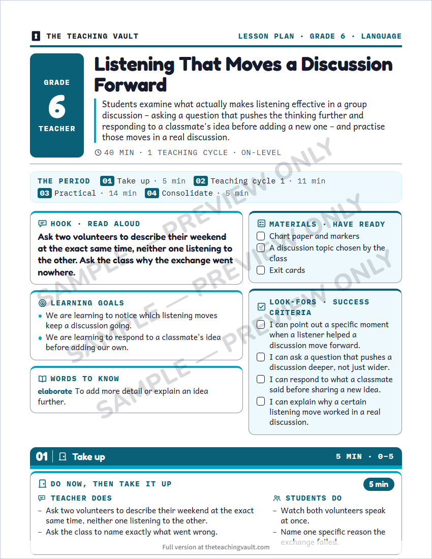 Sample lesson plan page