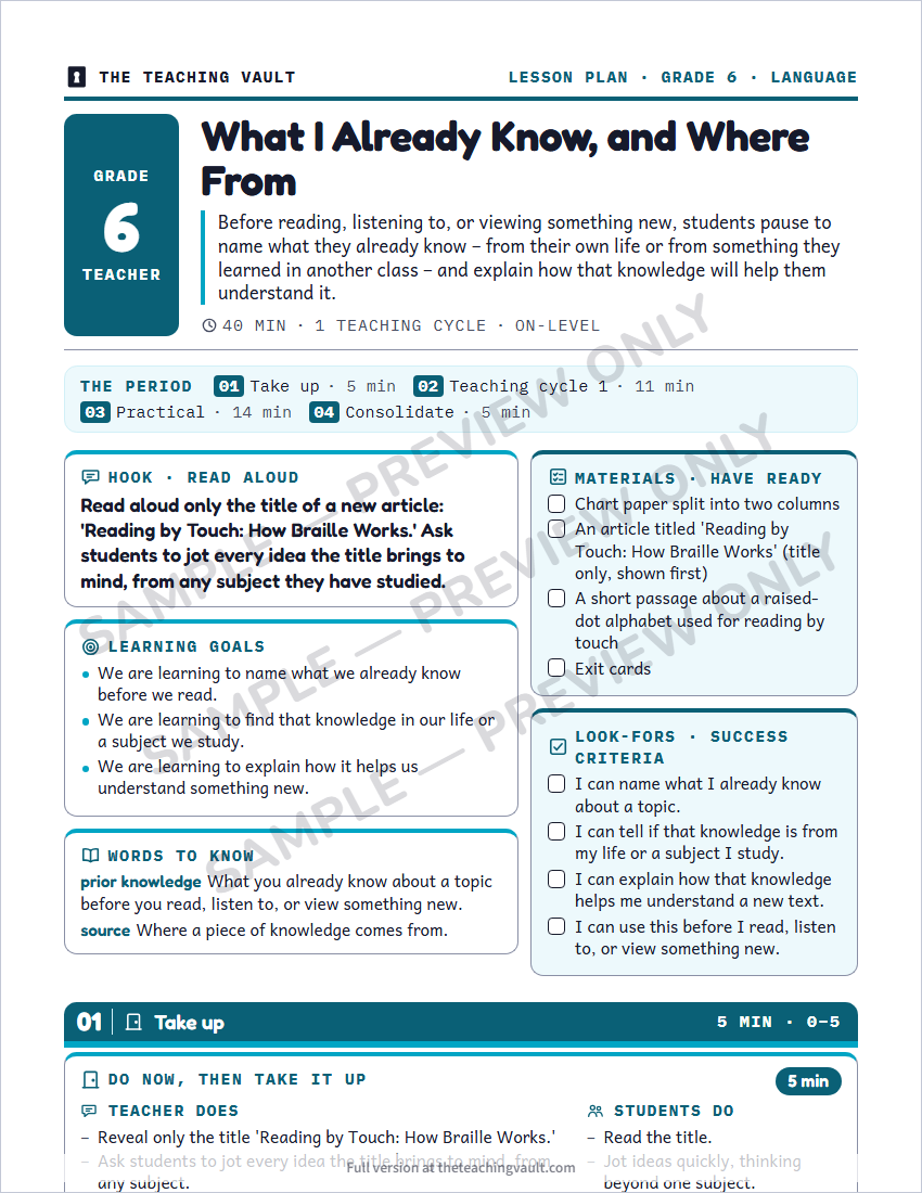 Sample lesson plan page