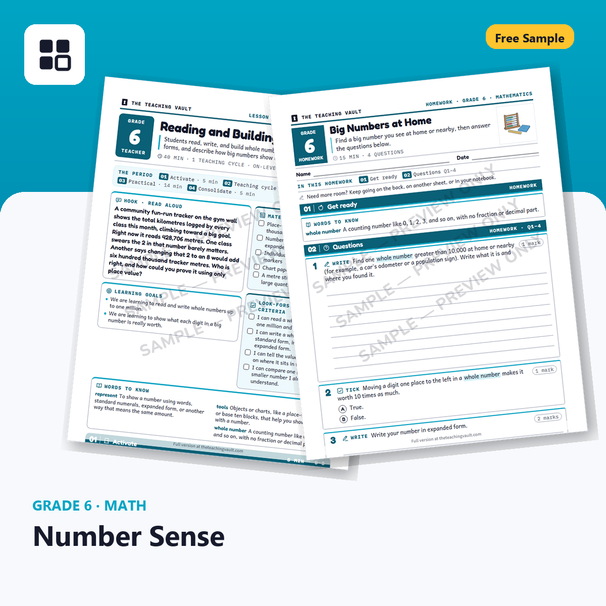 Grade 6 Number Sense Free Sample cover
