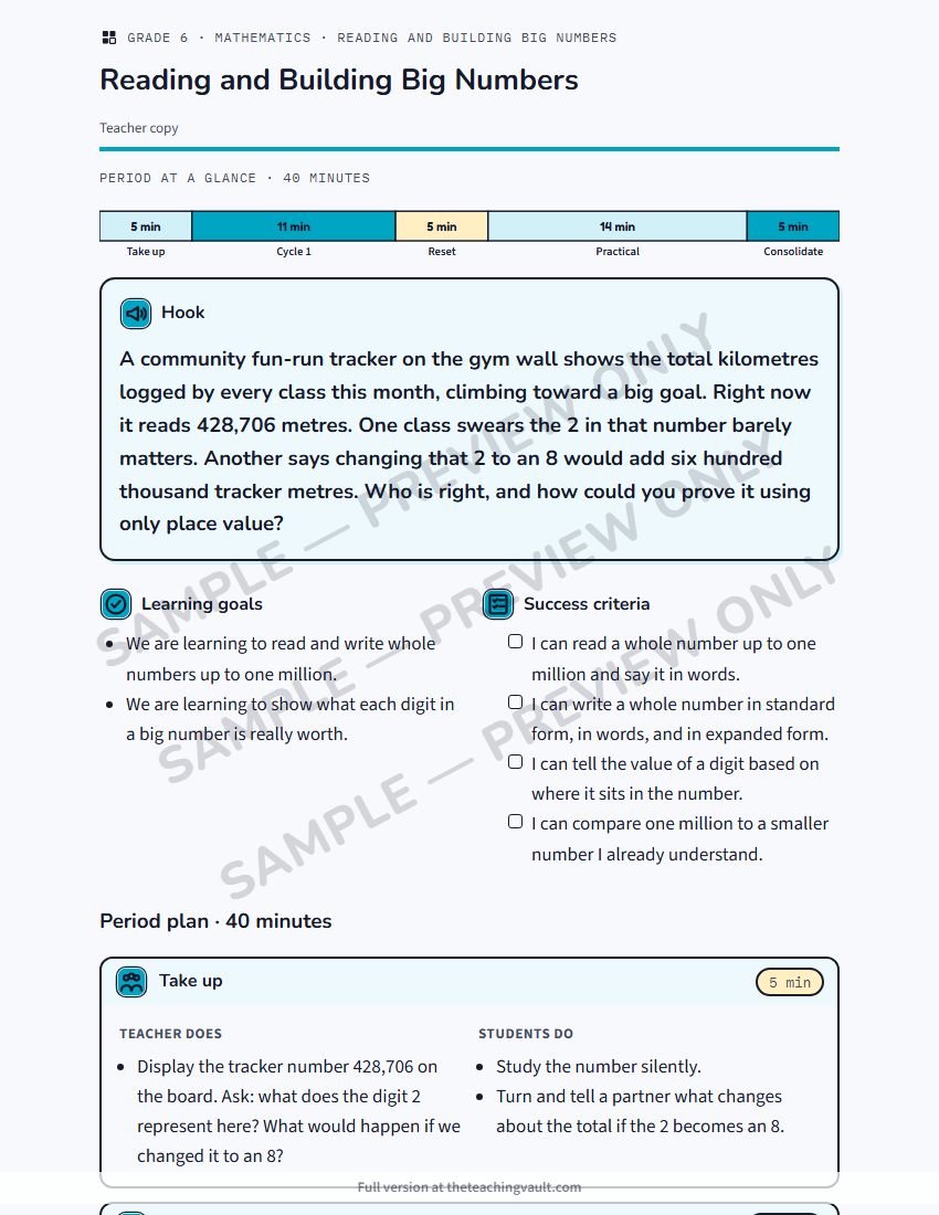 Sample preview: lesson plan page (watermarked, low-resolution) — Grade 6 Mathematics, All Units