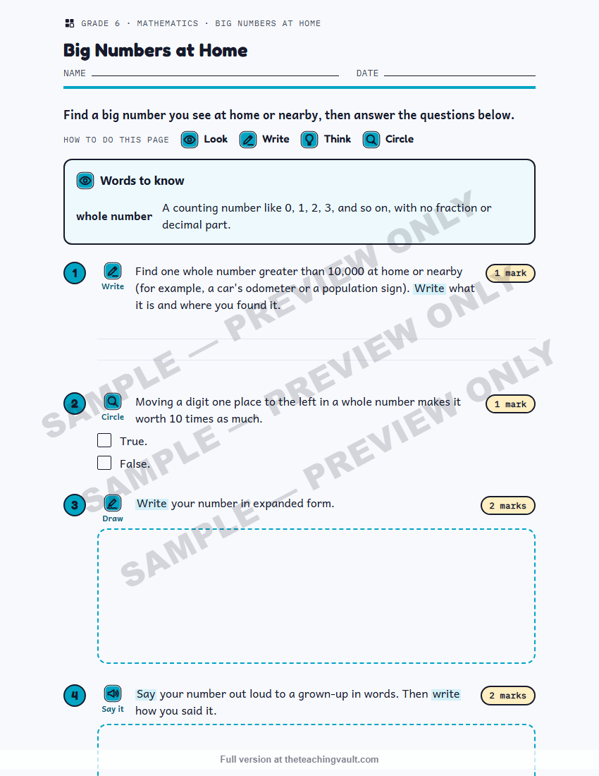 Sample preview: homework page (watermarked, low-resolution) — Grade 6 Mathematics, All Units