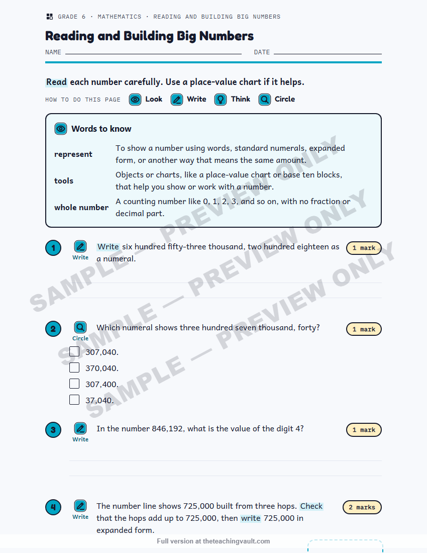 Sample preview: worksheet page (watermarked, low-resolution) — Grade 6 Mathematics, All Units