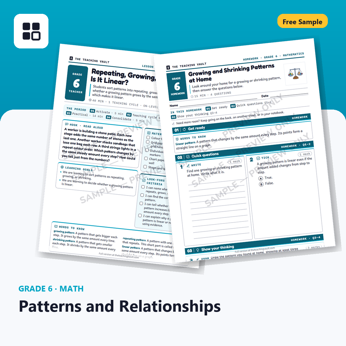 Grade 6 Patterns and Relationships Free Sample cover