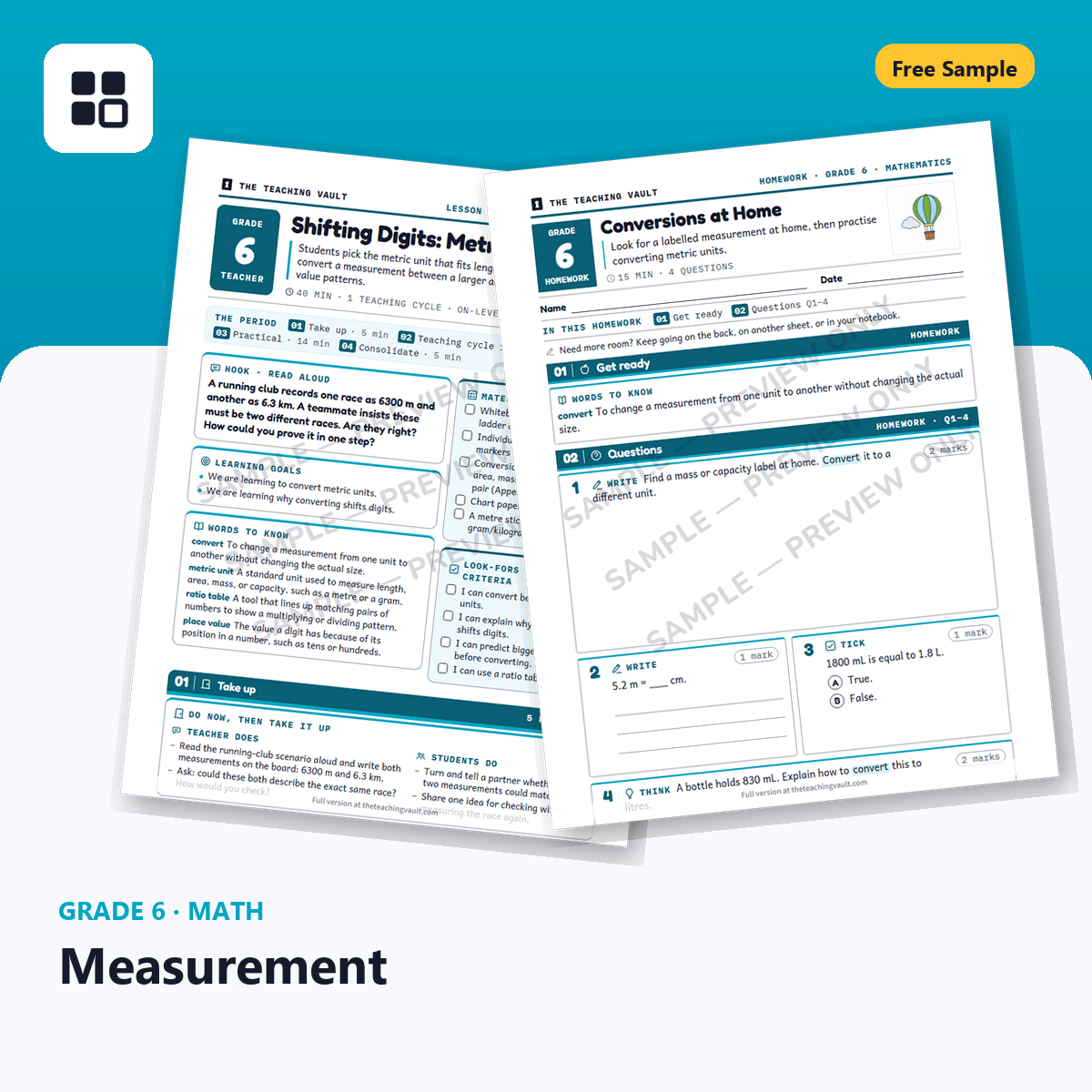 Grade 6 Measurement Free Sample cover