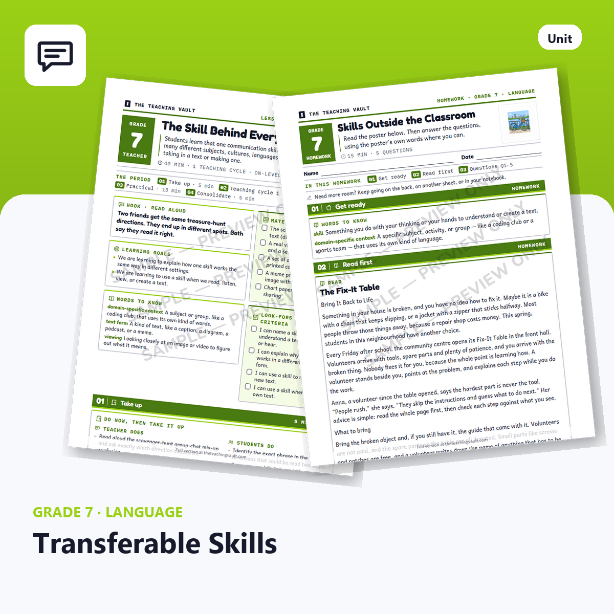 Grade 7 Language Transferable Skills unit cover: lesson plans, worksheets and homework