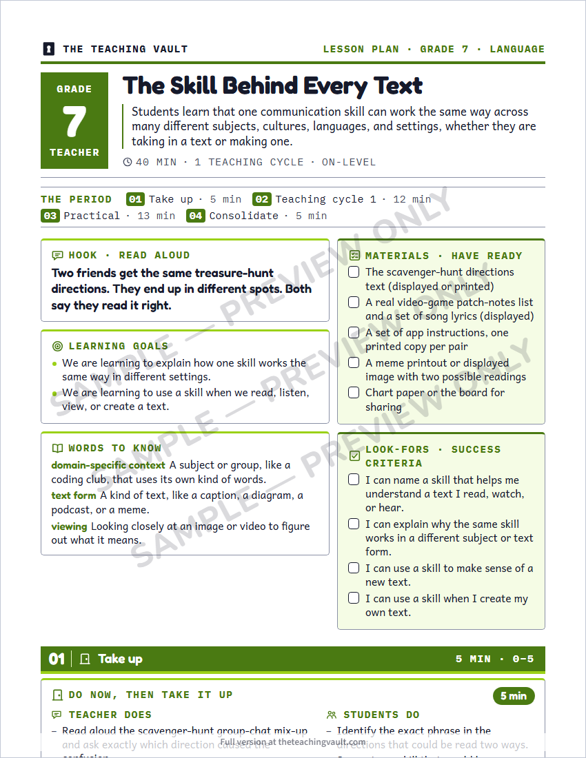 Grade 7 Transferable Skills unit - sample lesson plan page, watermarked preview