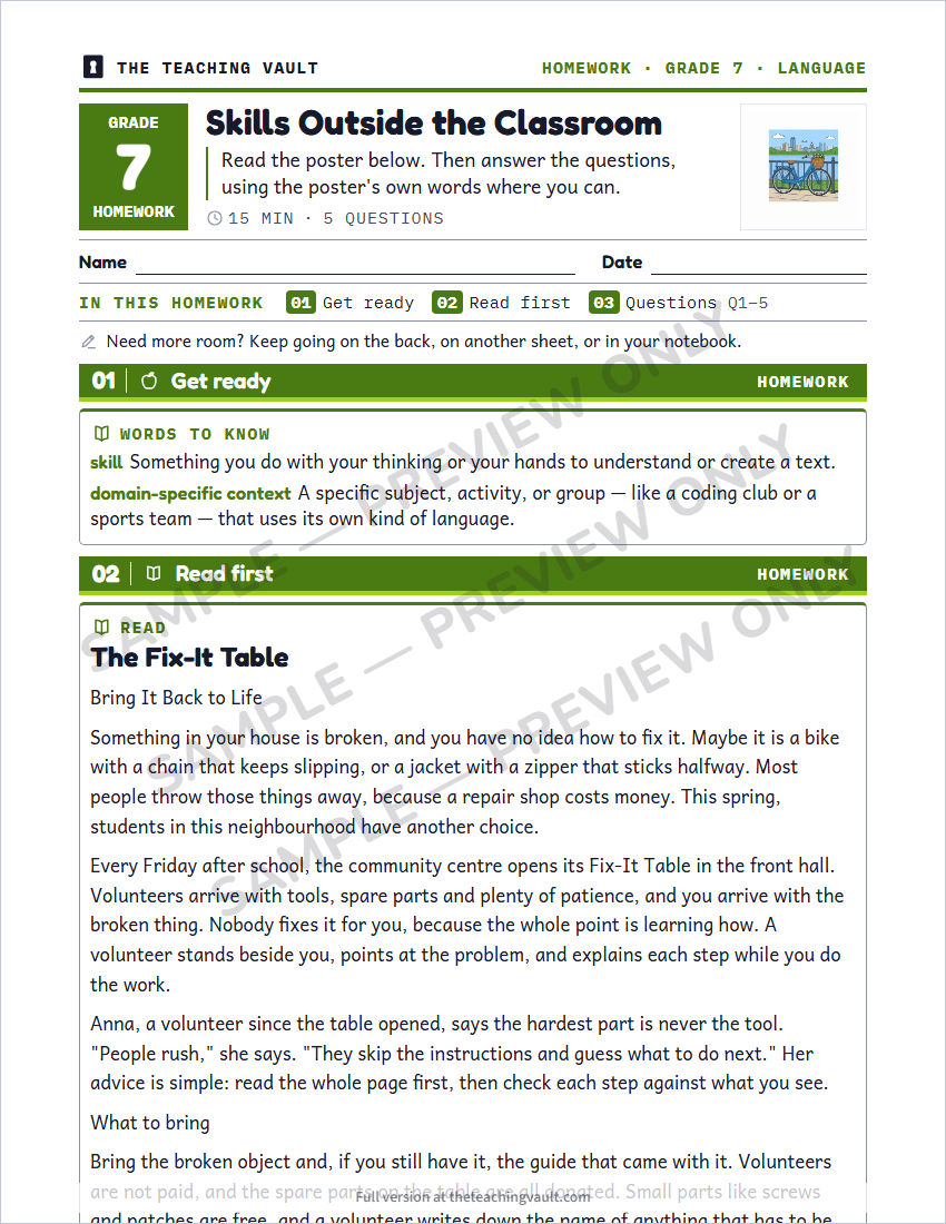 Grade 7 Transferable Skills unit - sample homework page, watermarked preview