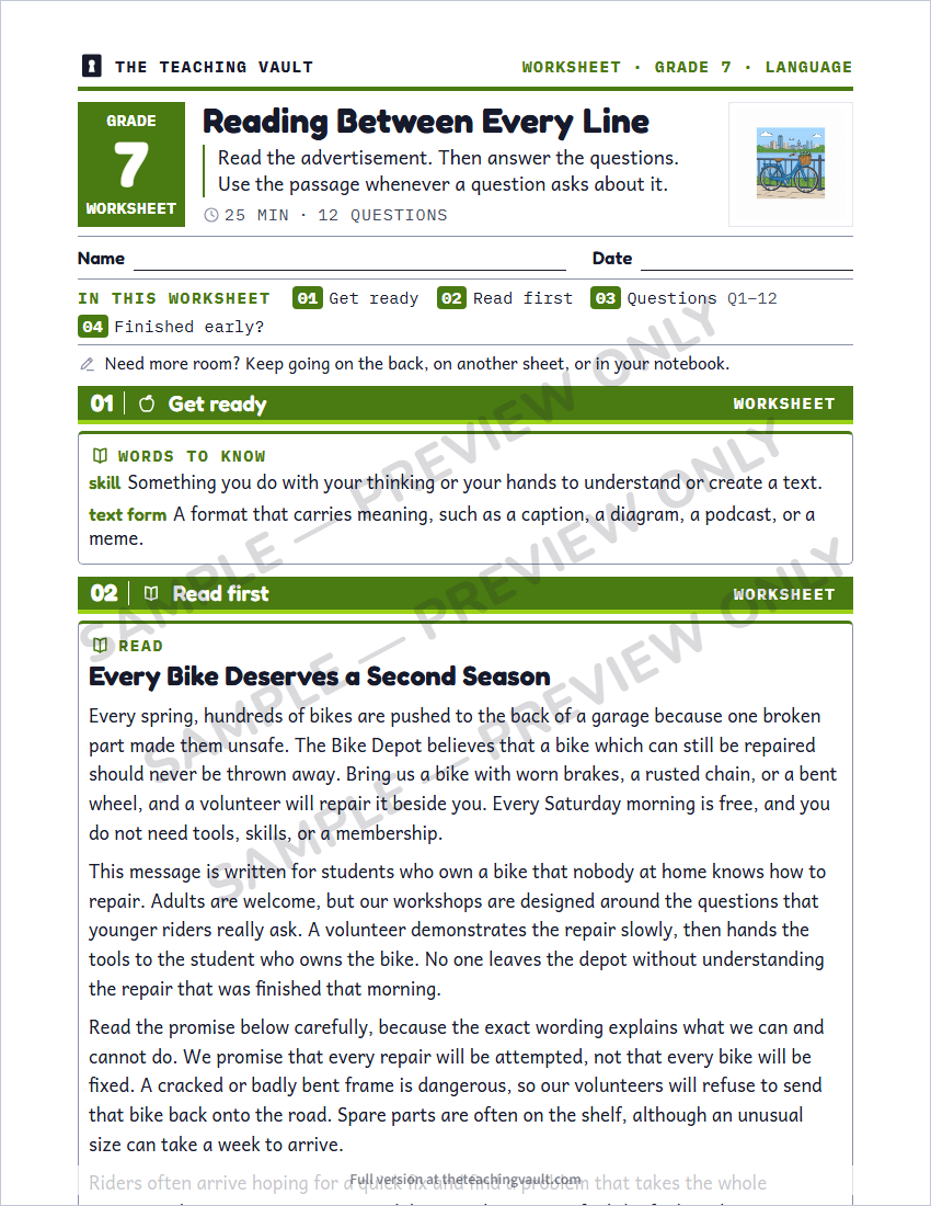 Grade 7 Transferable Skills unit - sample worksheet page, watermarked preview