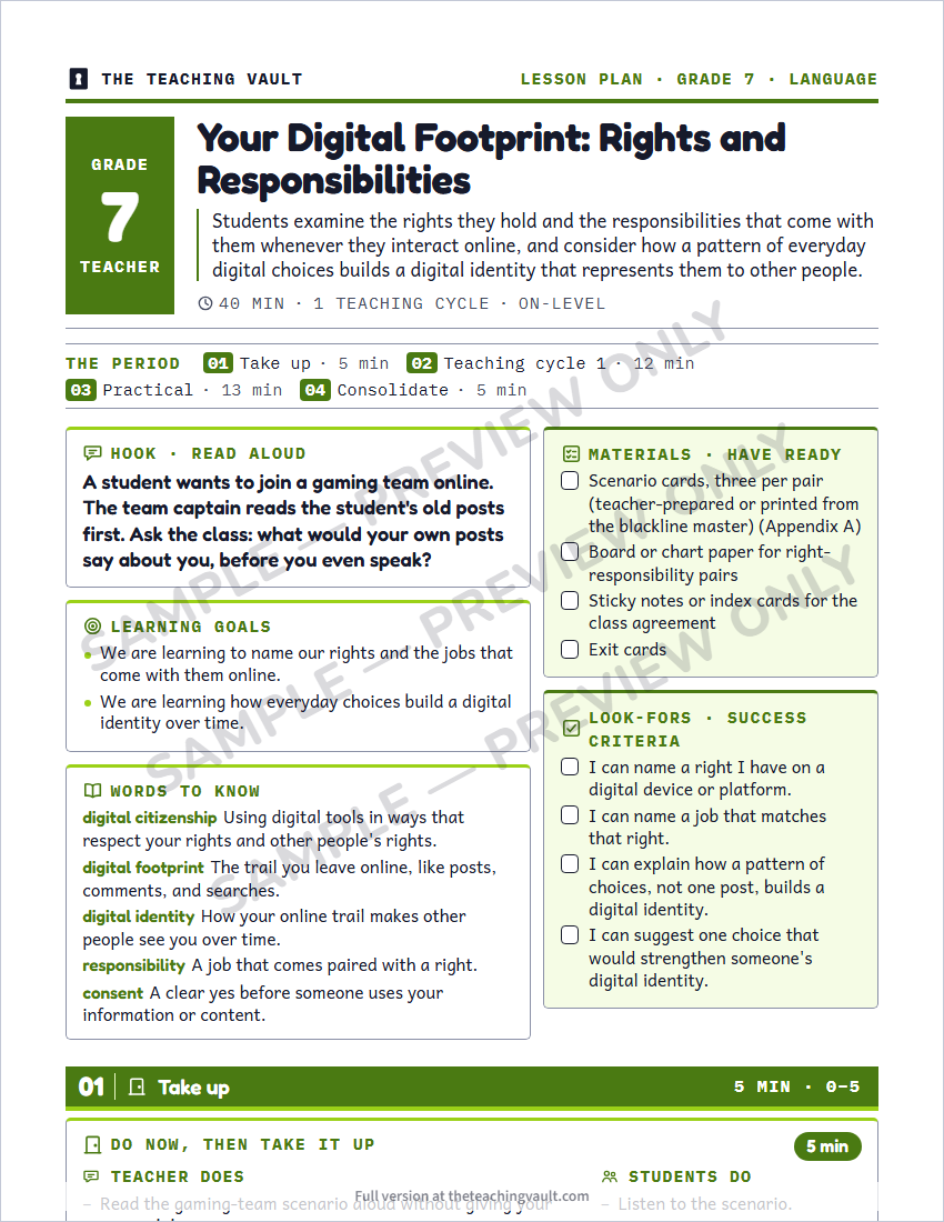 Sample lesson plan page