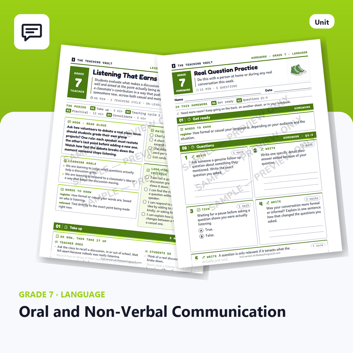 Grade 7 Oral and Non-Verbal Communication — Full Unit (Unit 4 of 12) cover