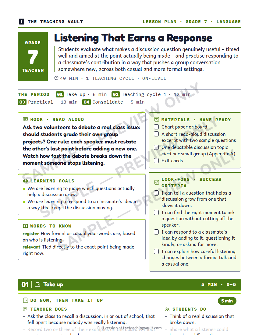 Sample lesson plan page