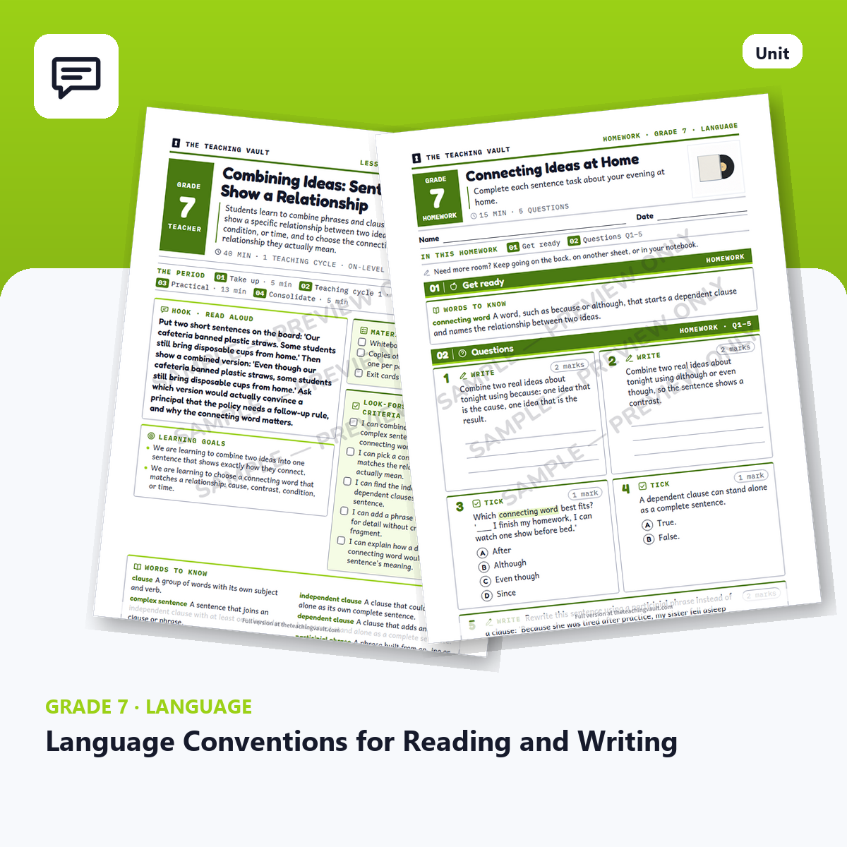 Grade 7 Language Conventions for Reading and Writing unit cover: lesson plans, worksheets and homework