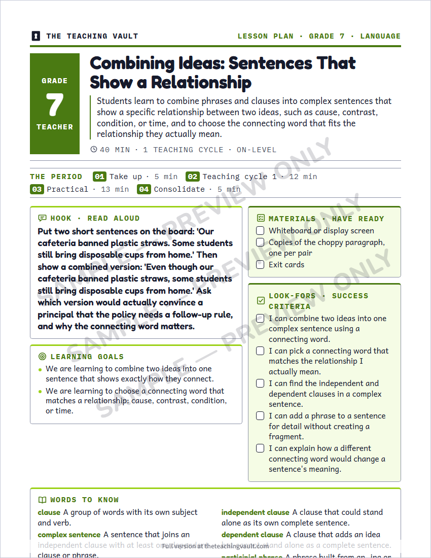Grade 7 Language Conventions for Reading and Writing unit - sample lesson plan page, watermarked preview