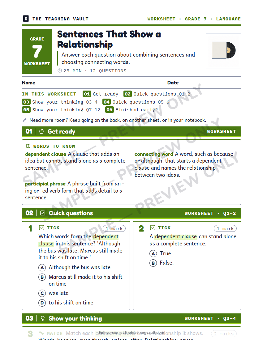 Grade 7 Language Conventions for Reading and Writing unit - sample worksheet page, watermarked preview