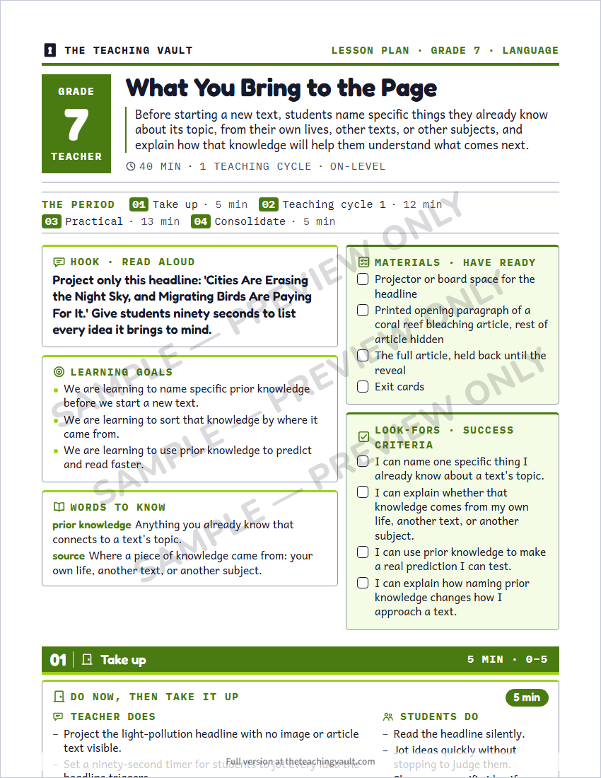 Grade 7 Comprehension Strategies unit - sample lesson plan page, watermarked preview