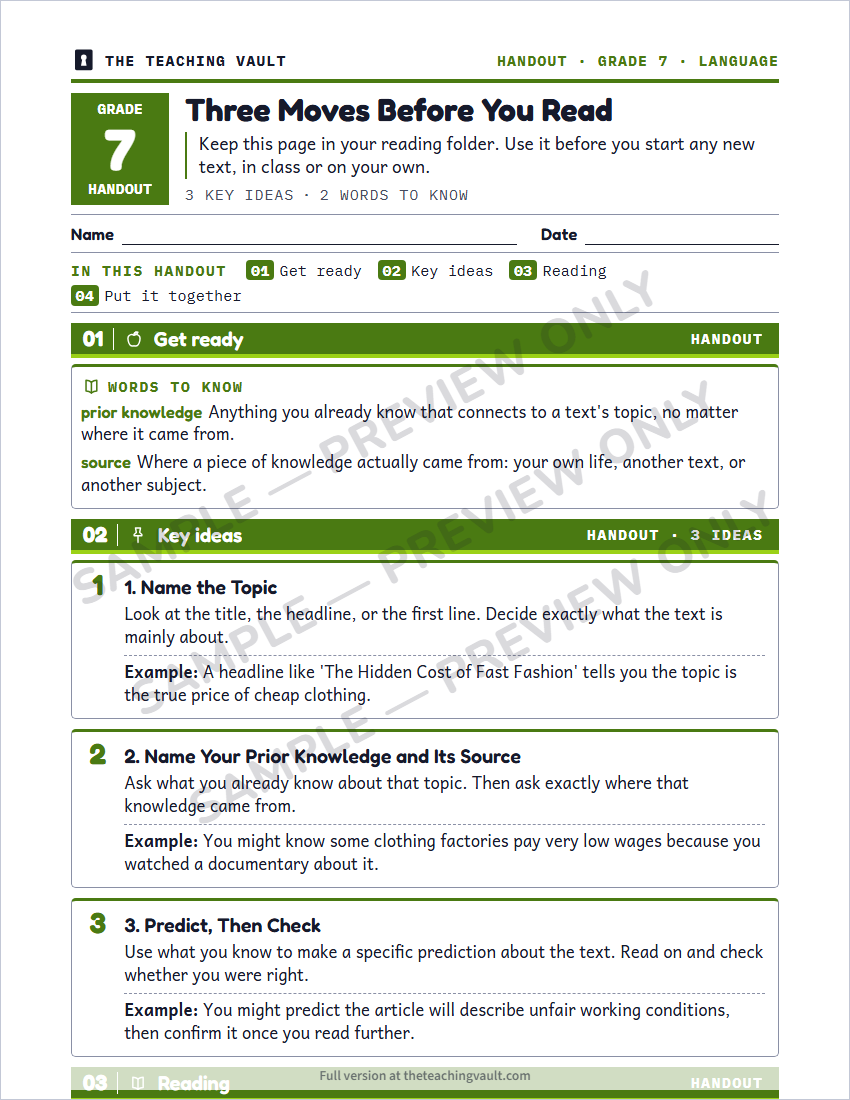 Grade 7 Comprehension Strategies unit - sample handout page, watermarked preview