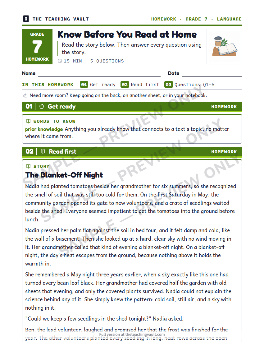 Grade 7 Comprehension Strategies unit - sample homework page, watermarked preview