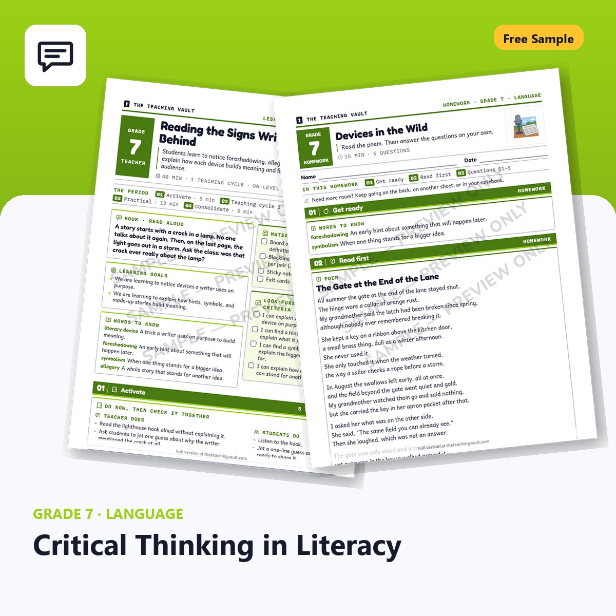 Grade 7 Critical Thinking In Literacy Free Sample cover