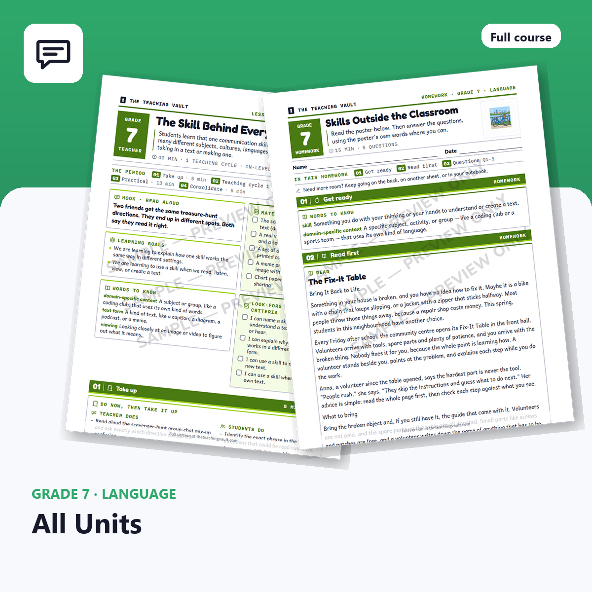 Grade 7 Language course cover: every unit's lessons, worksheets and homework
