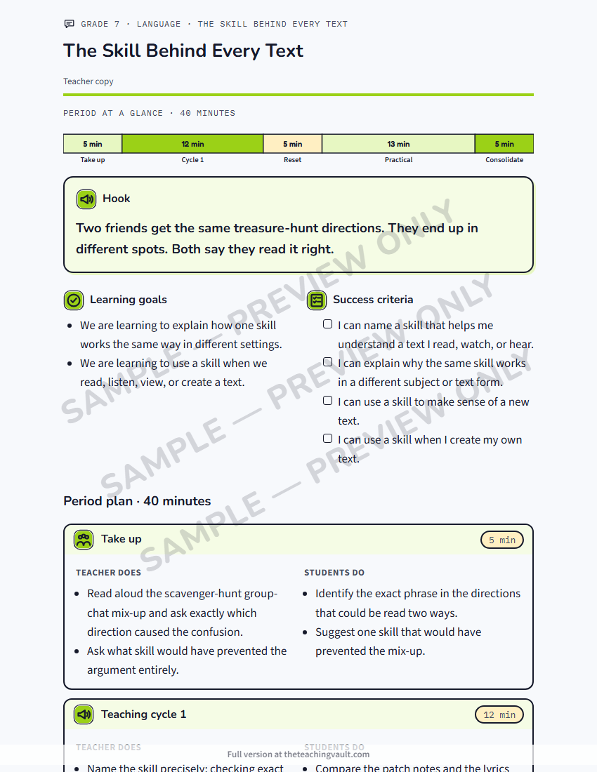 Grade 7 Language course - sample lesson plan page, watermarked preview
