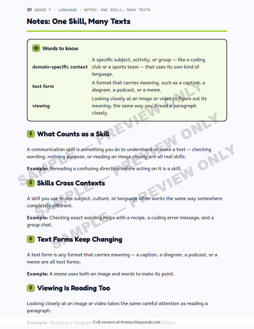 Grade 7 Language course - sample handout page, watermarked preview