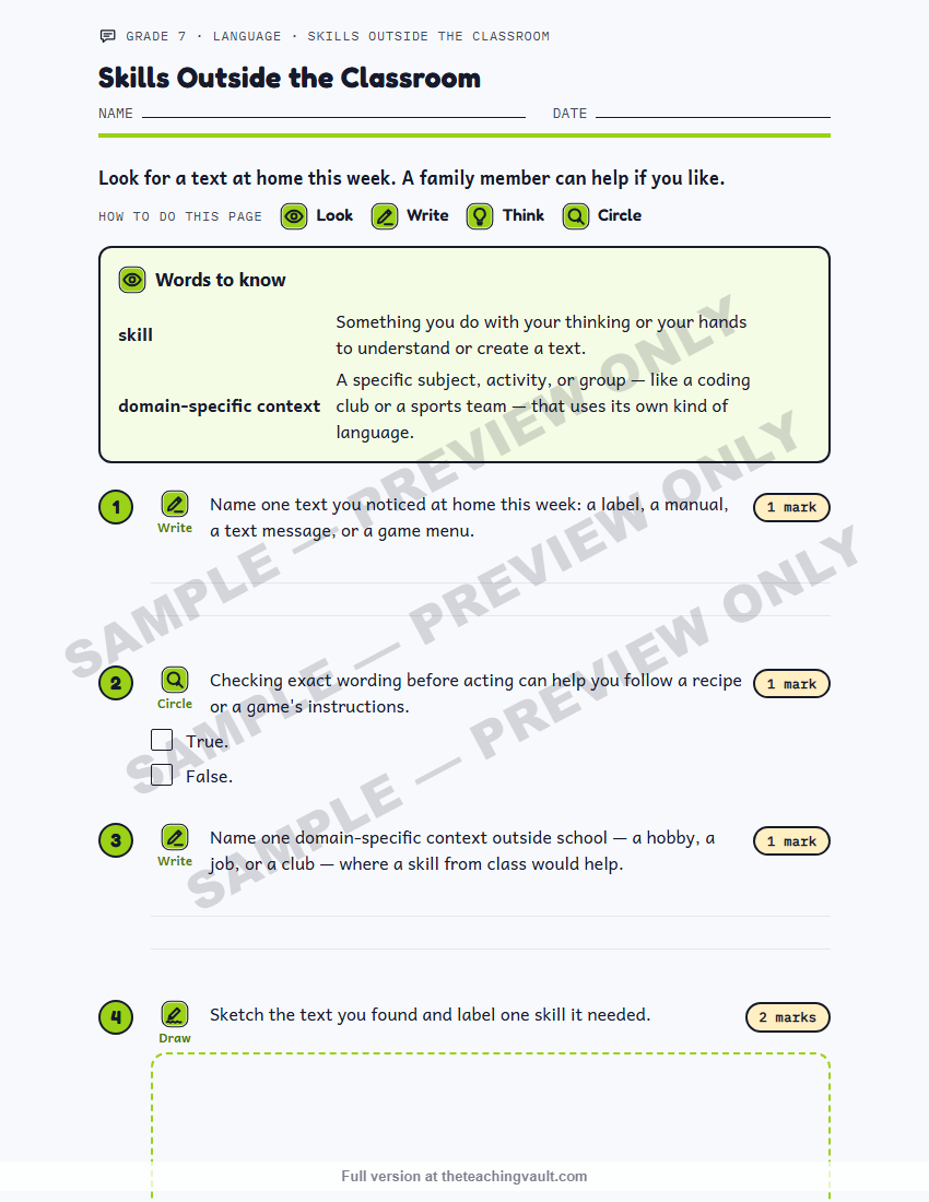 Grade 7 Language course - sample homework page, watermarked preview
