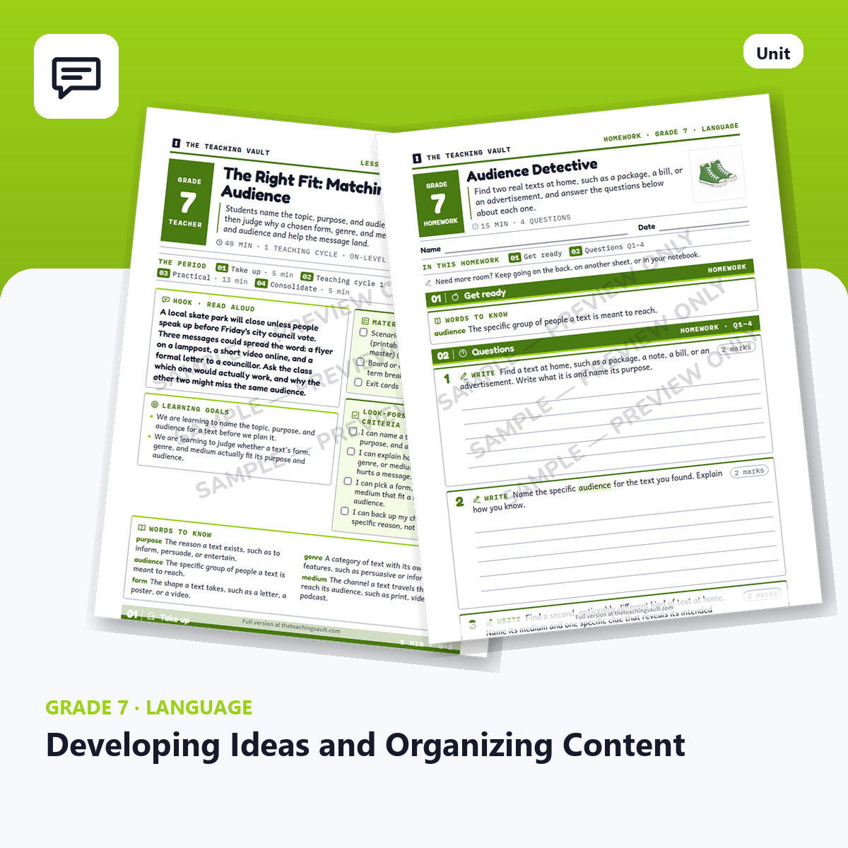 Grade 7 Developing Ideas and Organizing Content — Full Unit (Unit 10 of 12) cover