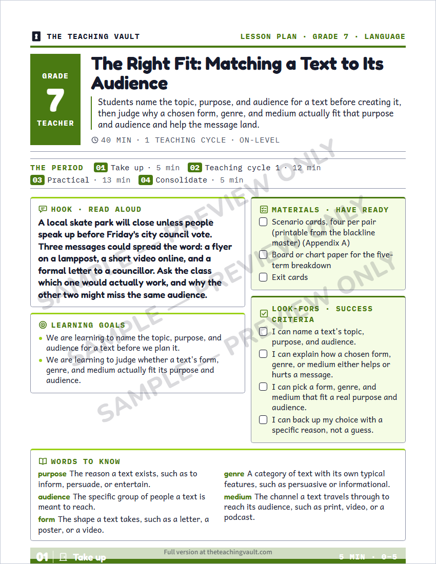 Sample lesson plan page