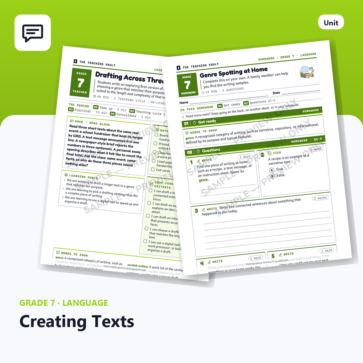 Grade 7 Creating Texts — Full Unit (Unit 11 of 12) cover