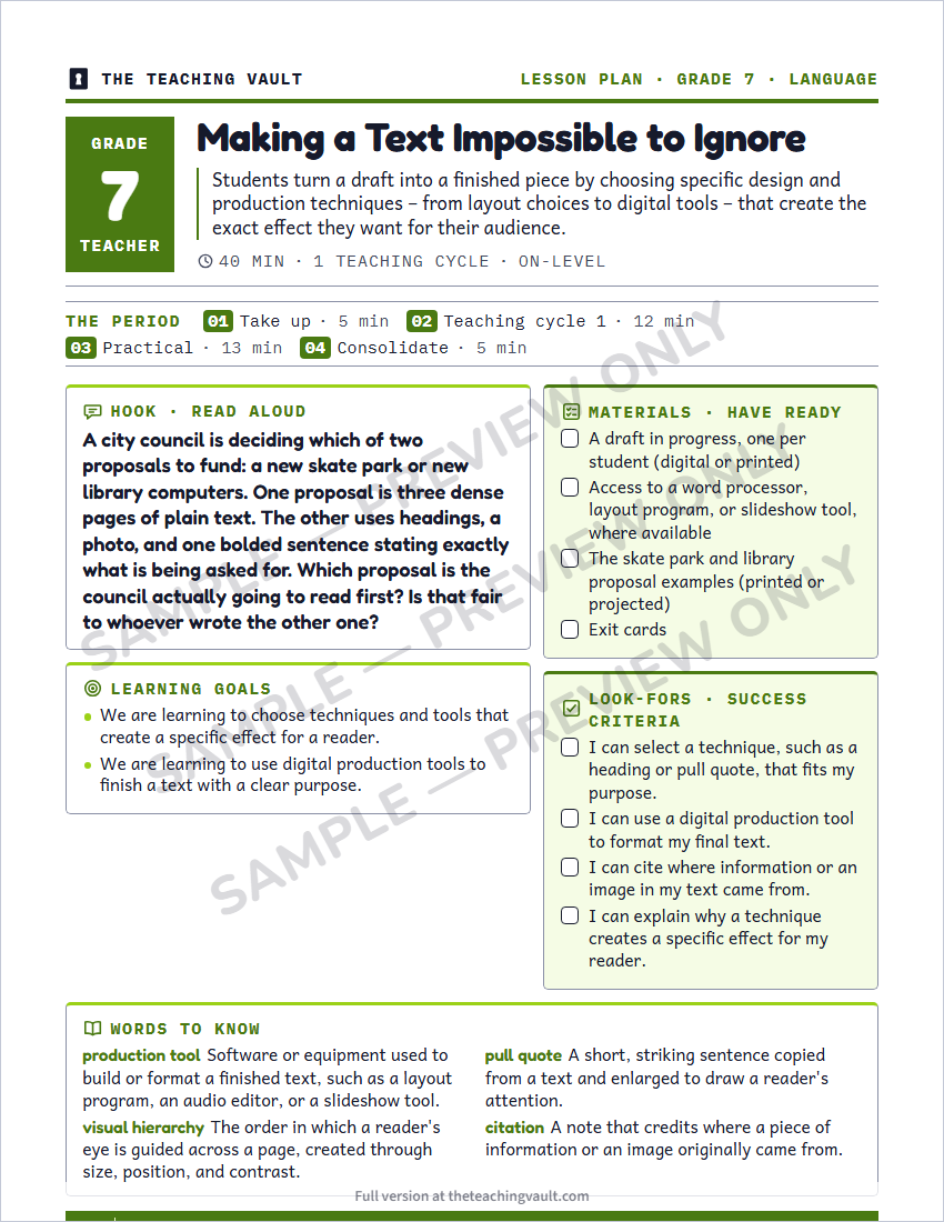 Sample lesson plan page