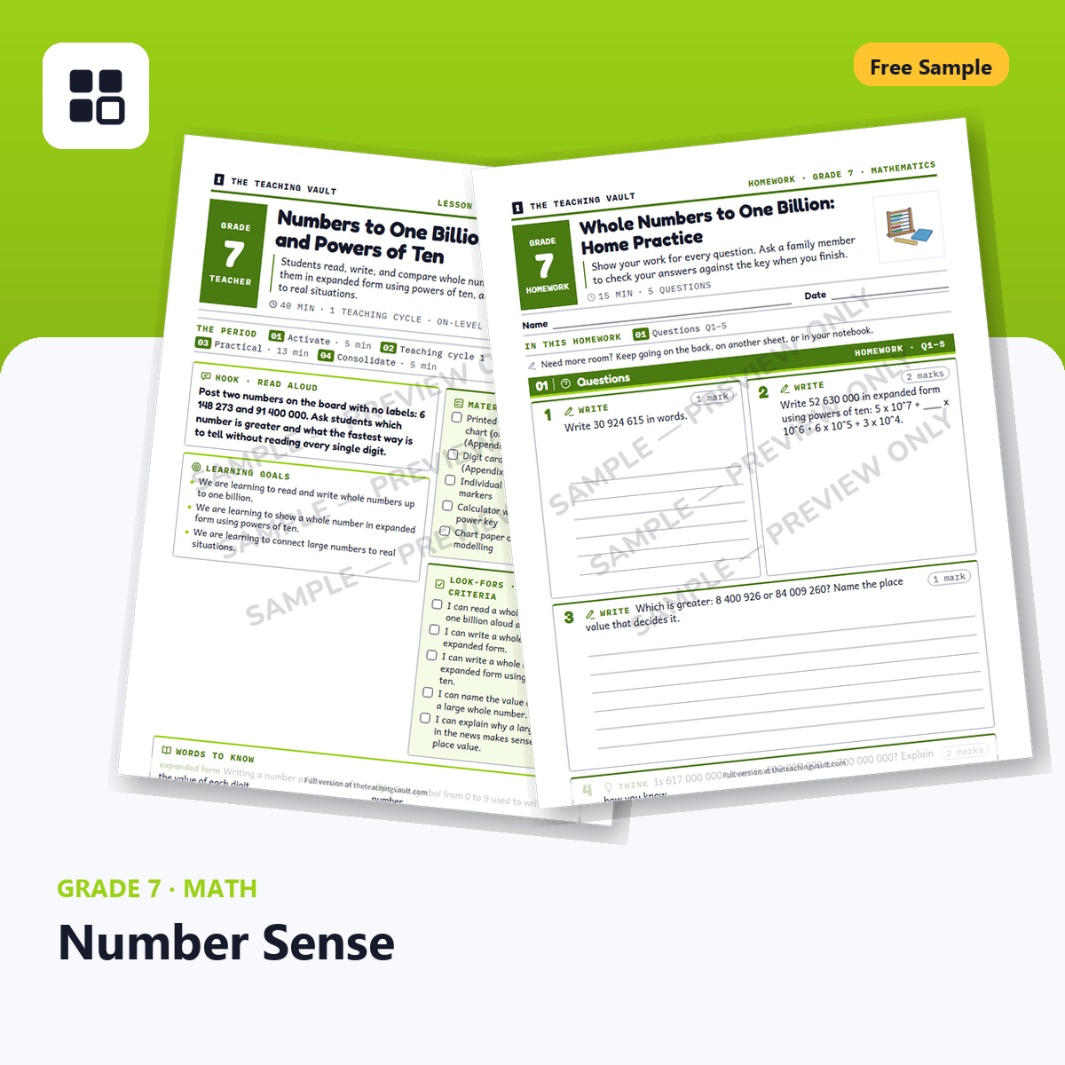 Grade 7 Number Sense Free Sample cover