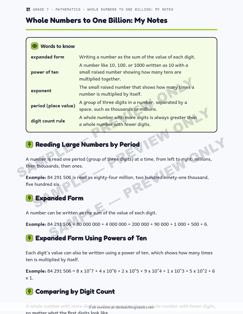 Sample preview: handout page (watermarked, low-resolution) — Grade 7 Mathematics, All Units
