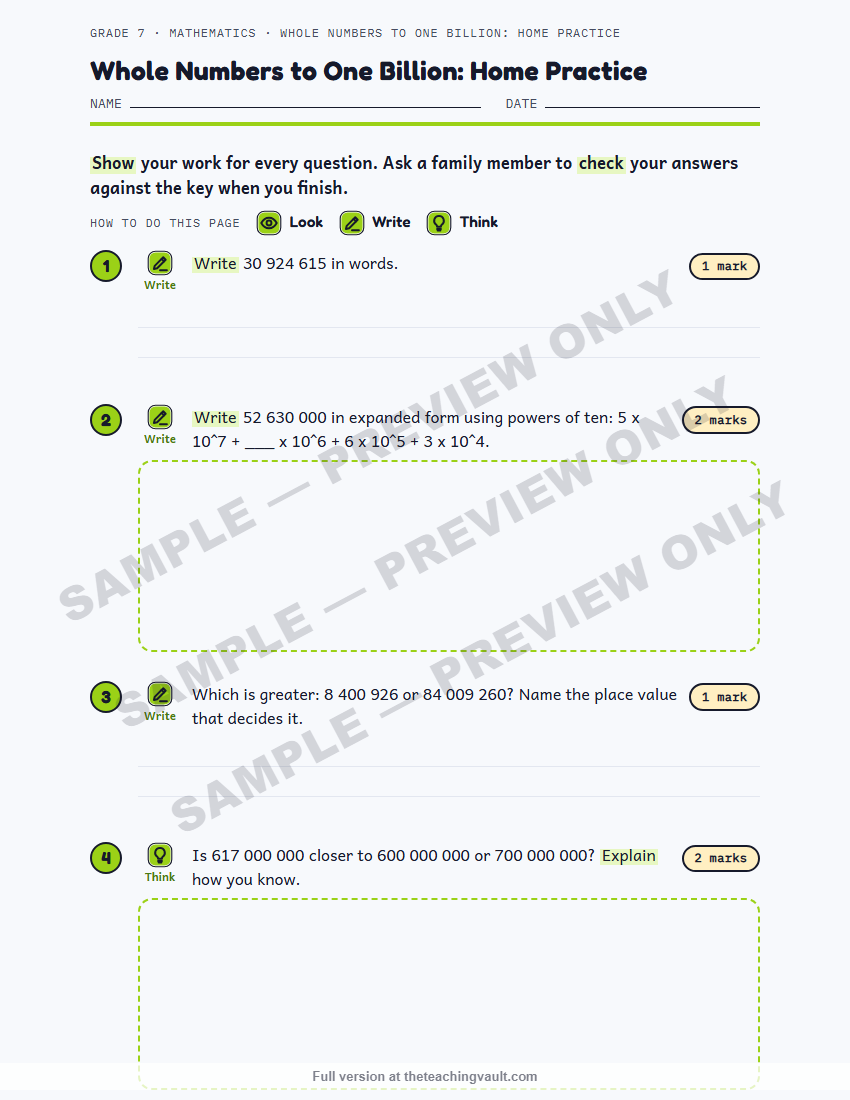Sample preview: homework page (watermarked, low-resolution) — Grade 7 Mathematics, All Units