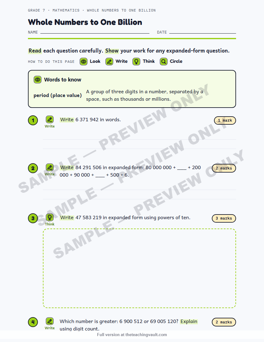 Sample preview: worksheet page (watermarked, low-resolution) — Grade 7 Mathematics, All Units