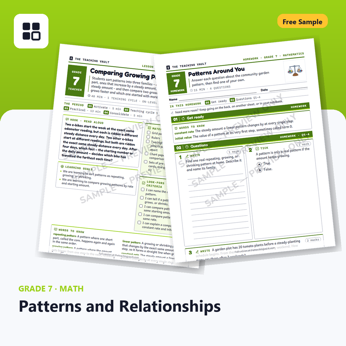 Grade 7 Patterns and Relationships Free Sample cover