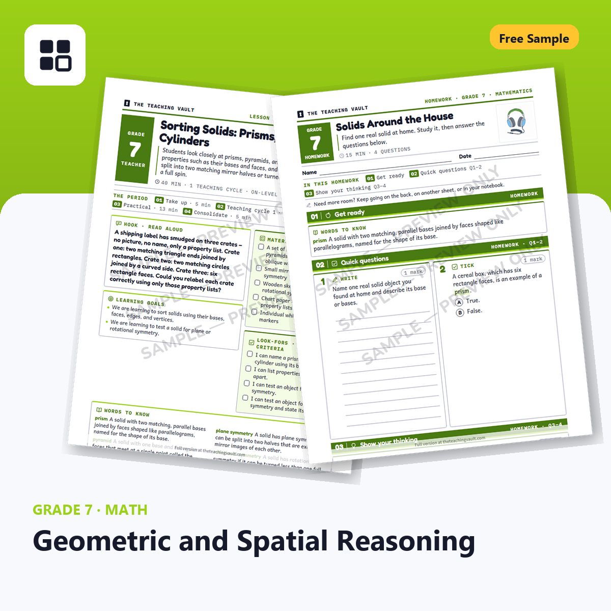 Grade 7 Geometry Free Sample cover