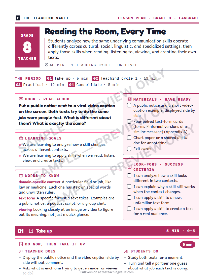 Sample lesson plan page