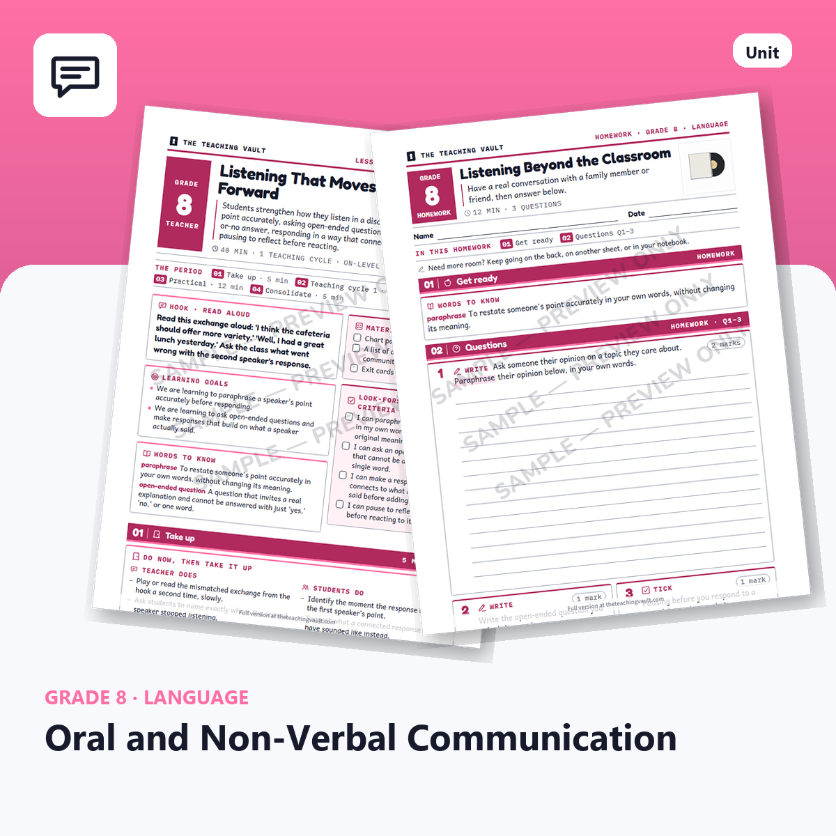 Grade 8 Oral and Non-Verbal Communication — Full Unit (Unit 4 of 12) cover