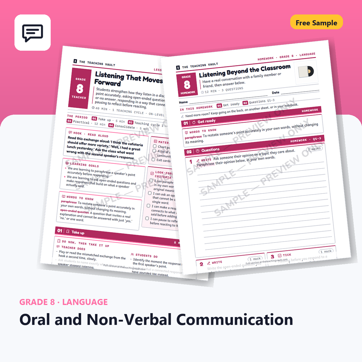 Grade 8 Oral and Non-Verbal Communication — Free Sample Lesson cover
