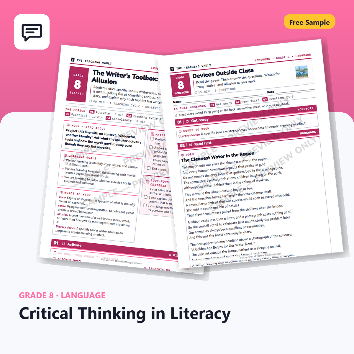 Grade 8 Critical Thinking In Literacy Free Sample cover