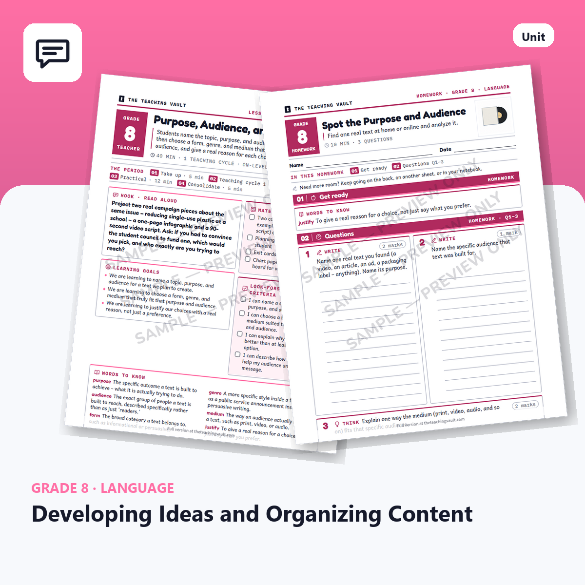 Grade 8 Developing Ideas and Organizing Content — Full Unit (Unit 10 of 12) cover