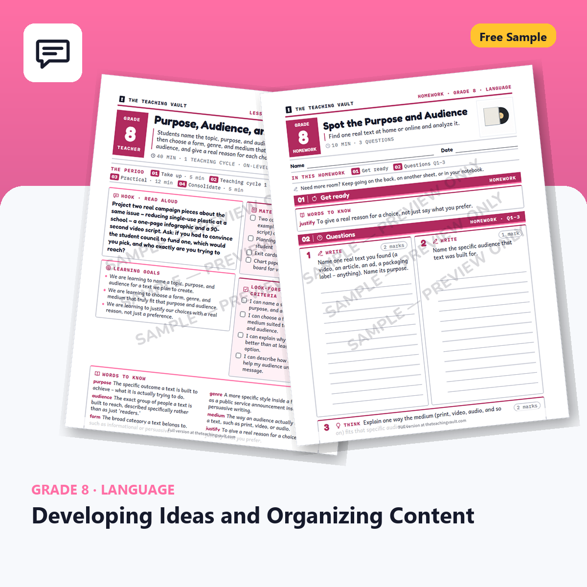 Grade 8 Developing Ideas and Organizing Content — Free Sample Lesson cover