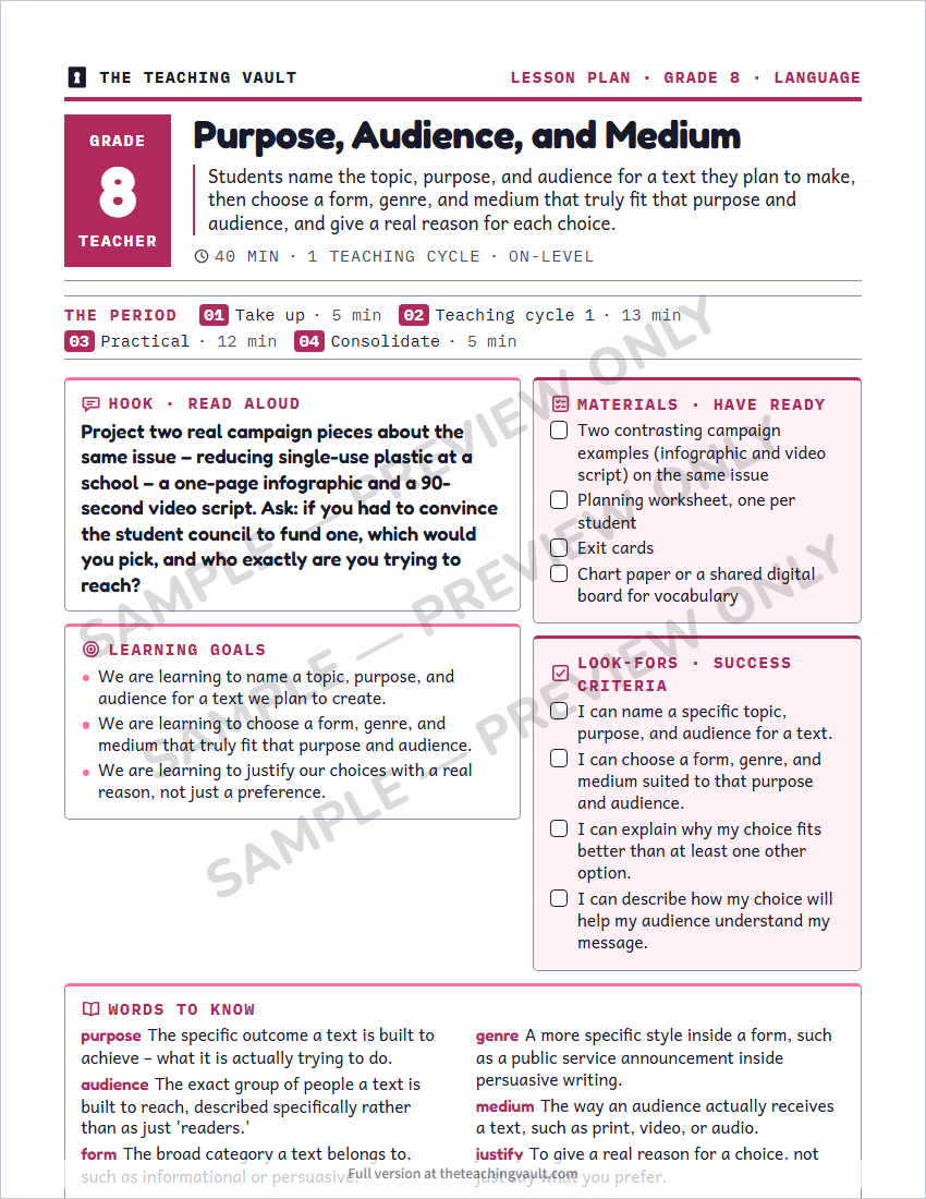 Sample lesson plan page