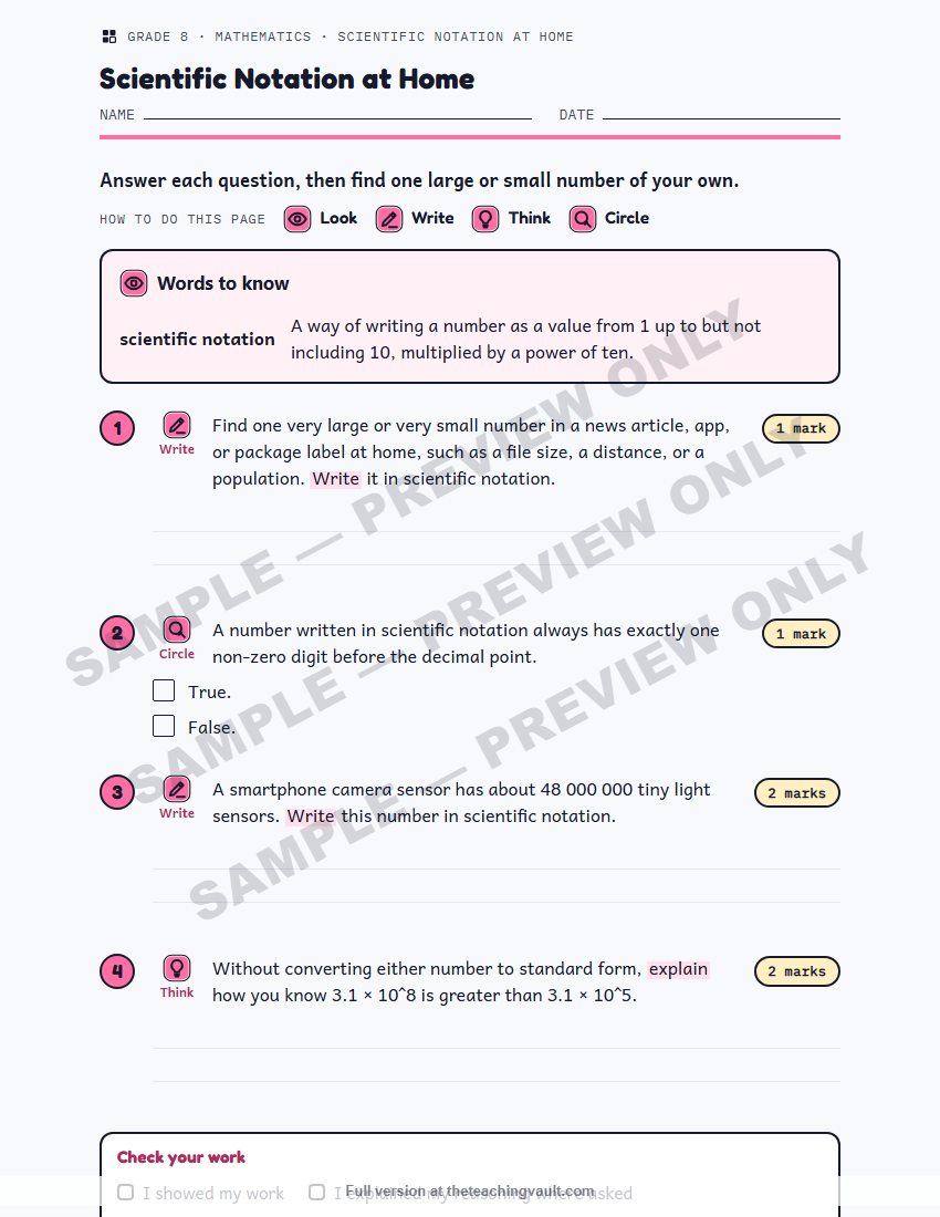 Sample preview: homework page (watermarked, low-resolution) — Grade 8 Mathematics, All Units